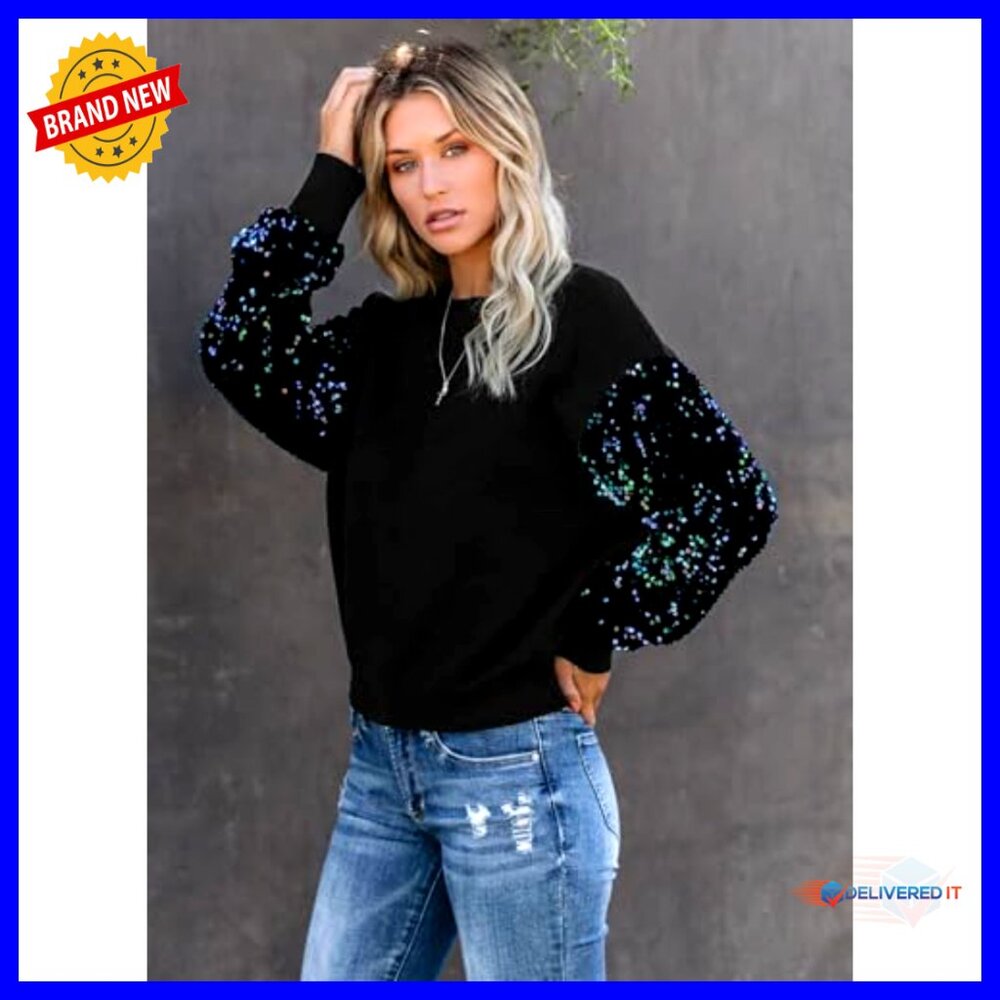 Sequin Patchwork Pullover Sweater Long Sleeve Cre… - image 3